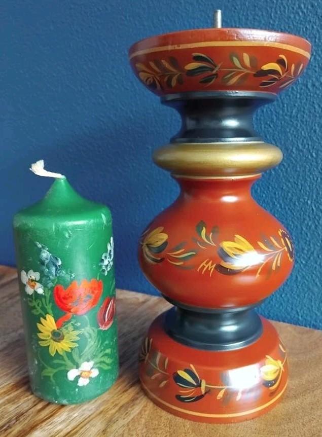 🌺Vintage Hindelooper Kandelaar +  Kaars  🌺handbeschilderd, Ophalen of Verzenden