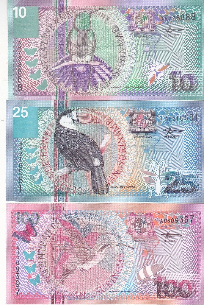 SURINAME 50 JAAR ONAFHANKELIJK 10 - 25 - 100 GULDEN, Postzegels en Munten, Bankbiljetten | Nederland, Ophalen of Verzenden, 100 gulden