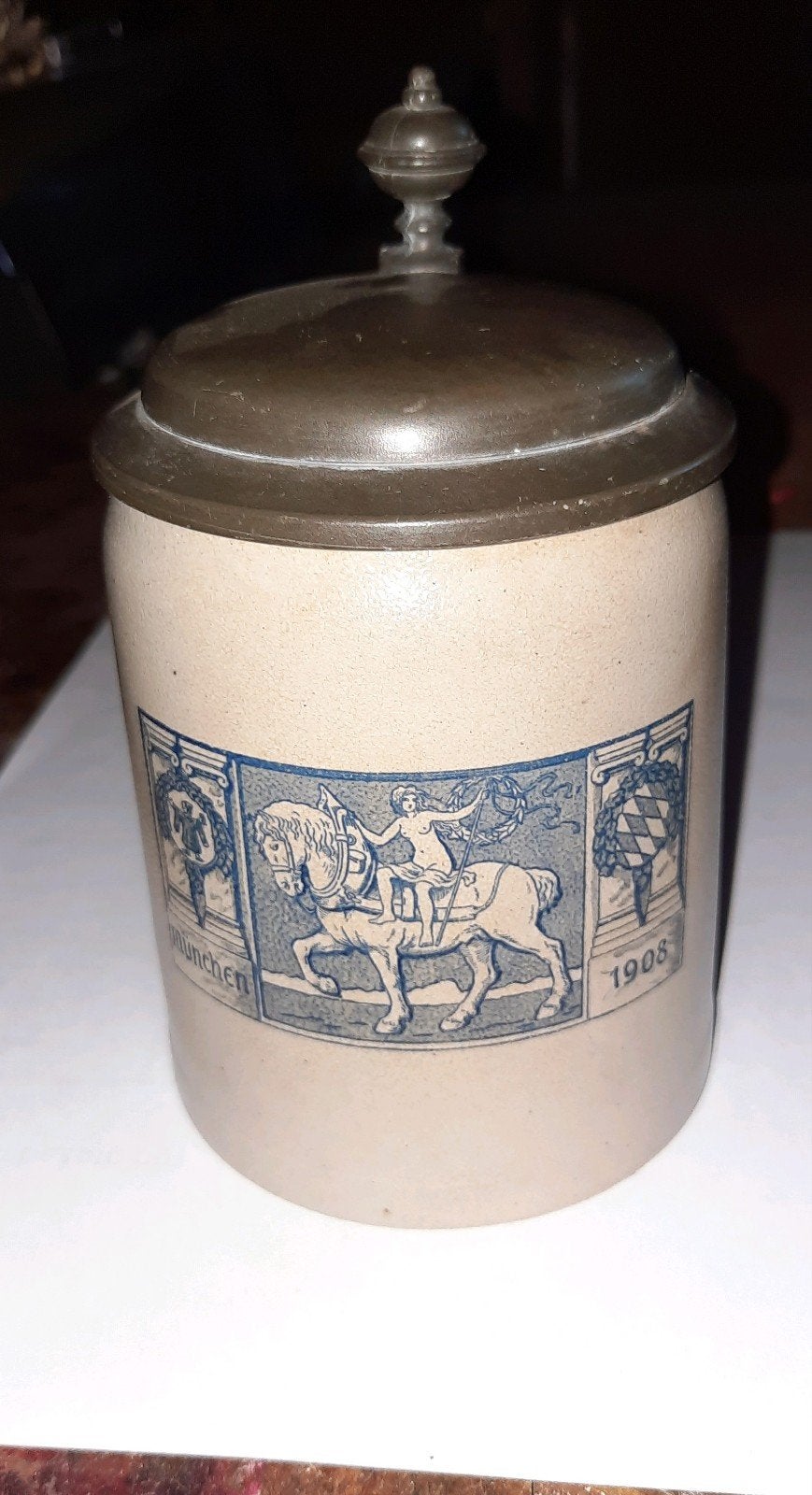 Antieke Duitse Steengoed Bierpul "Munich 1908" 1/4 lt, Ophalen of Verzenden