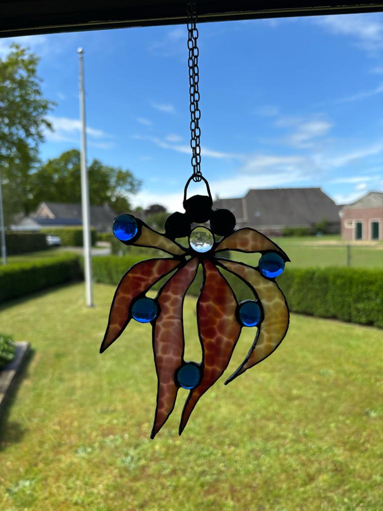 Tiffany glas-in-lood raamhanger - Blad met blauwe kralen, Ophalen