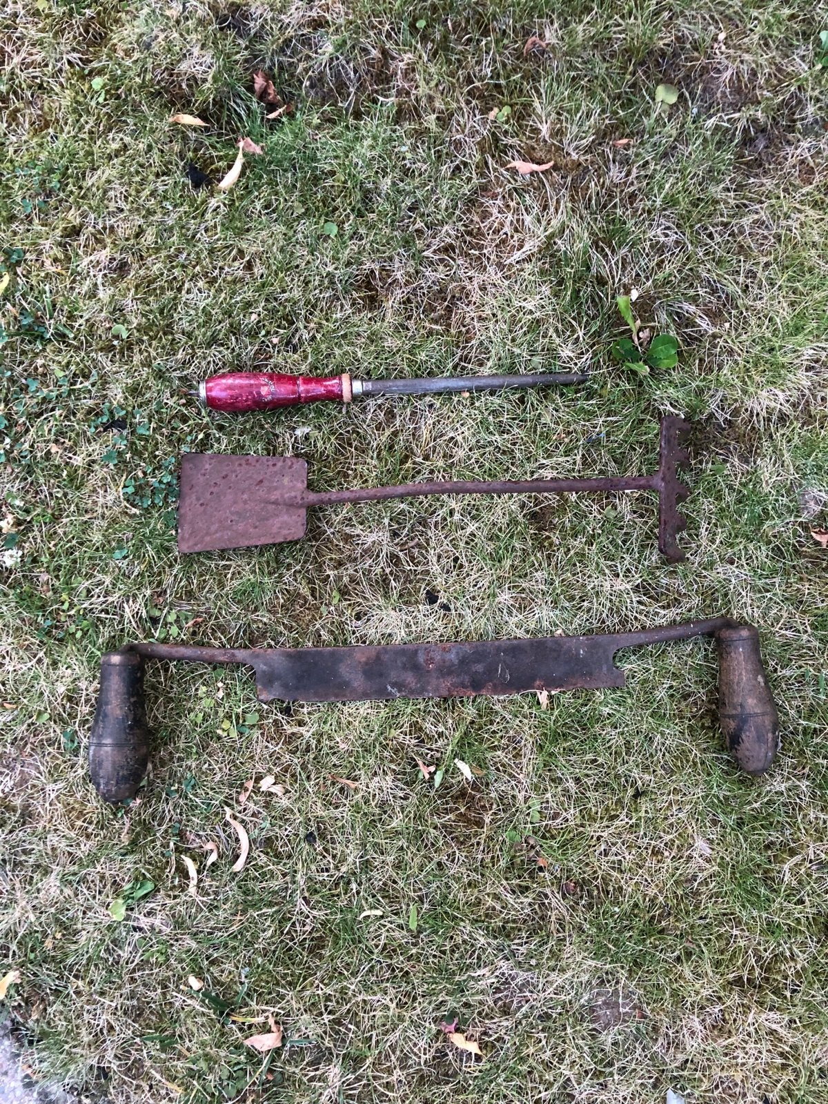 Antiek gereedschap set: schoffel/hark,zaag en schaaf, Ophalen of Verzenden
