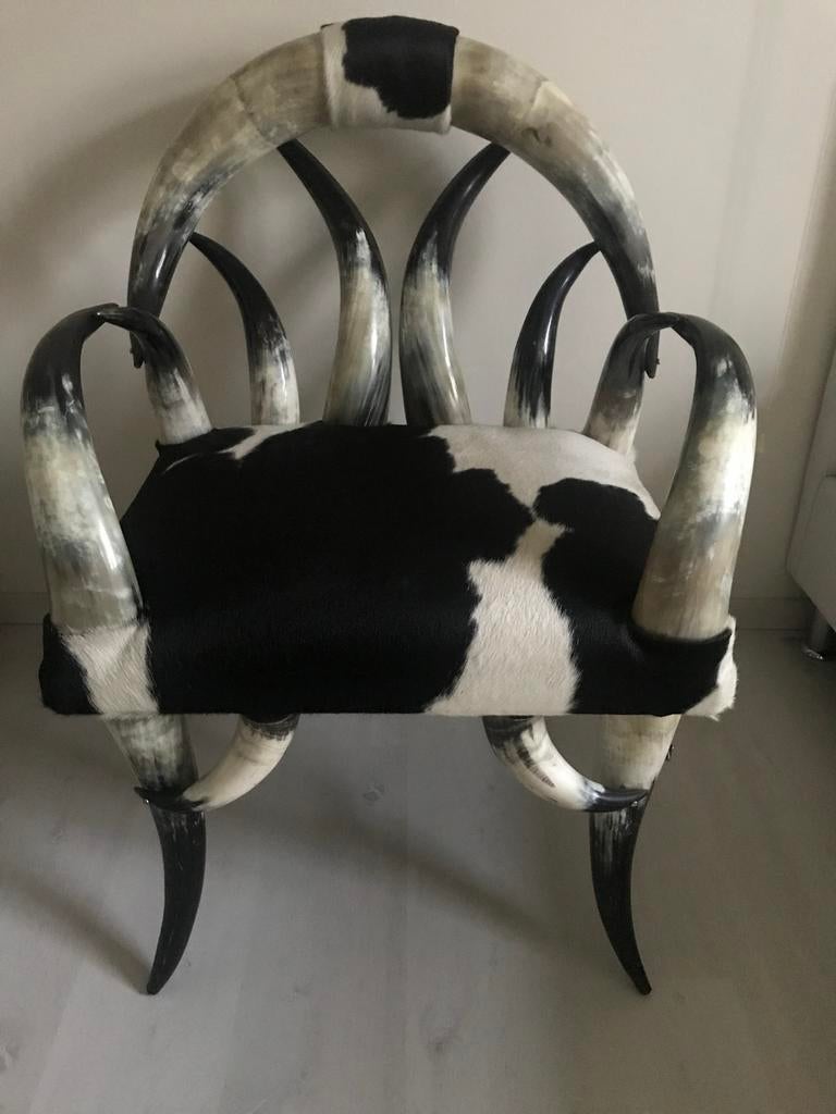 Unieke stoel met koeienhuid/ koeienprint en hoorns zwart/wit, Ophalen