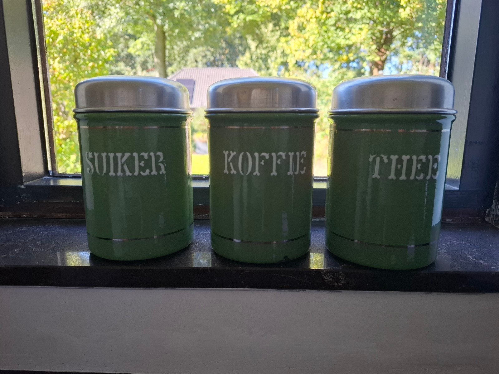 Vintage Emaille Koffie, Thee en Suikerbus - Groen, Ophalen of Verzenden