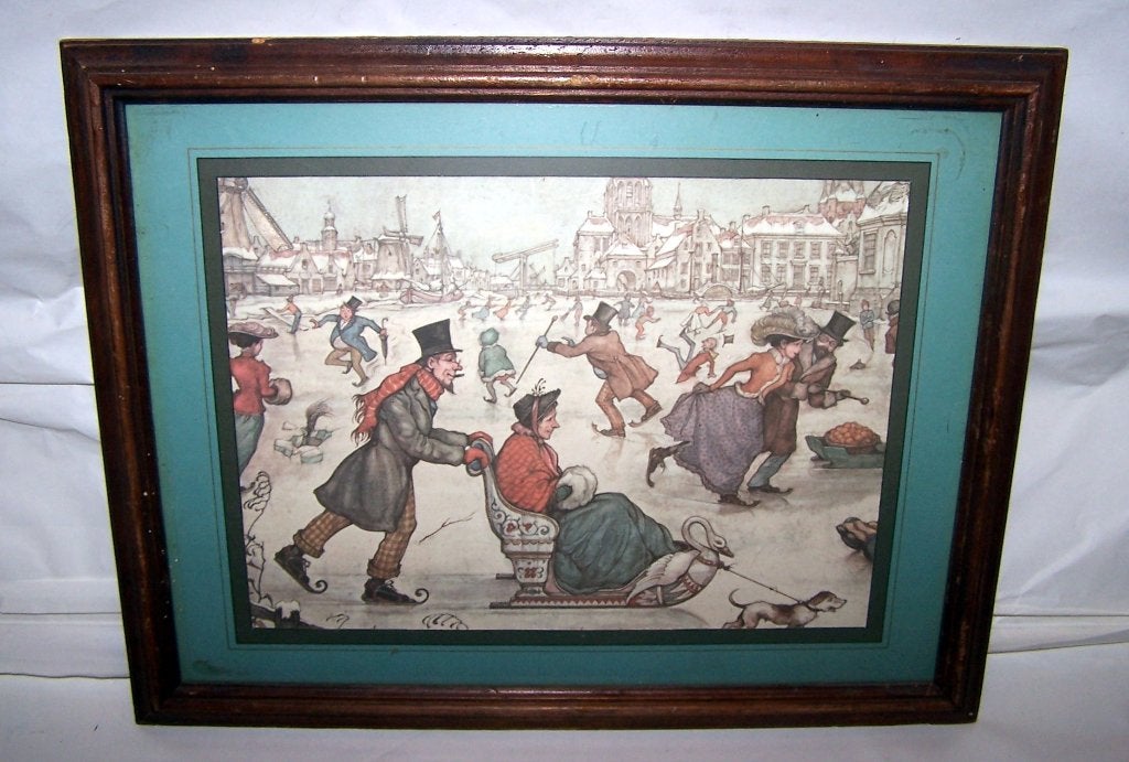 Prent Anton Pieck-IJspret. Achter glas met lijst. 35x26cm., Ophalen of Verzenden, Tekening, Achter glas