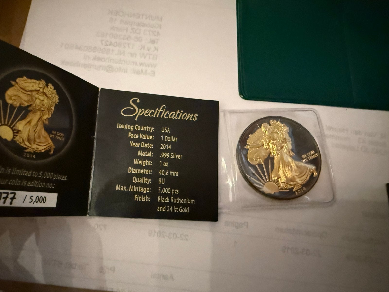 1 oz zilveren american eagle black ruthenium goud 2014, Ophalen of Verzenden, Goud