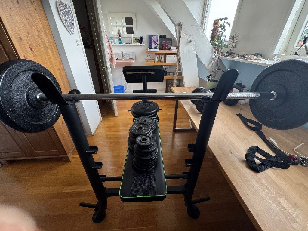 Krachttoesel met gewichten, Sport en Fitness, Ophalen, Zo goed als nieuw, Benen, Fitnessbank