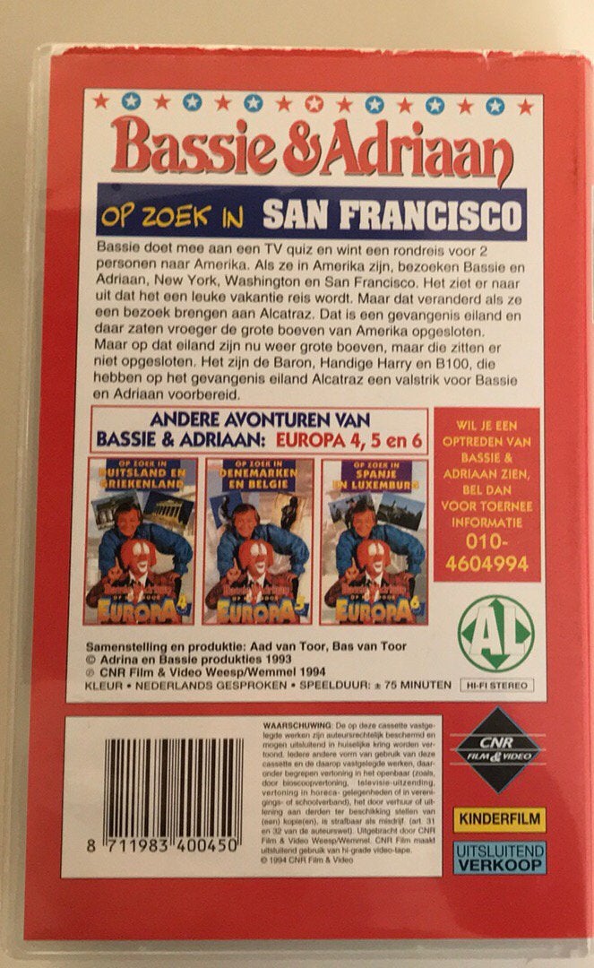 Bassie & Adriaan, op zoek in San Francisco, USA, Amerika, Cd's en Dvd's, Alle leeftijden, Zo goed als nieuw, VHS, Ophalen of Verzenden