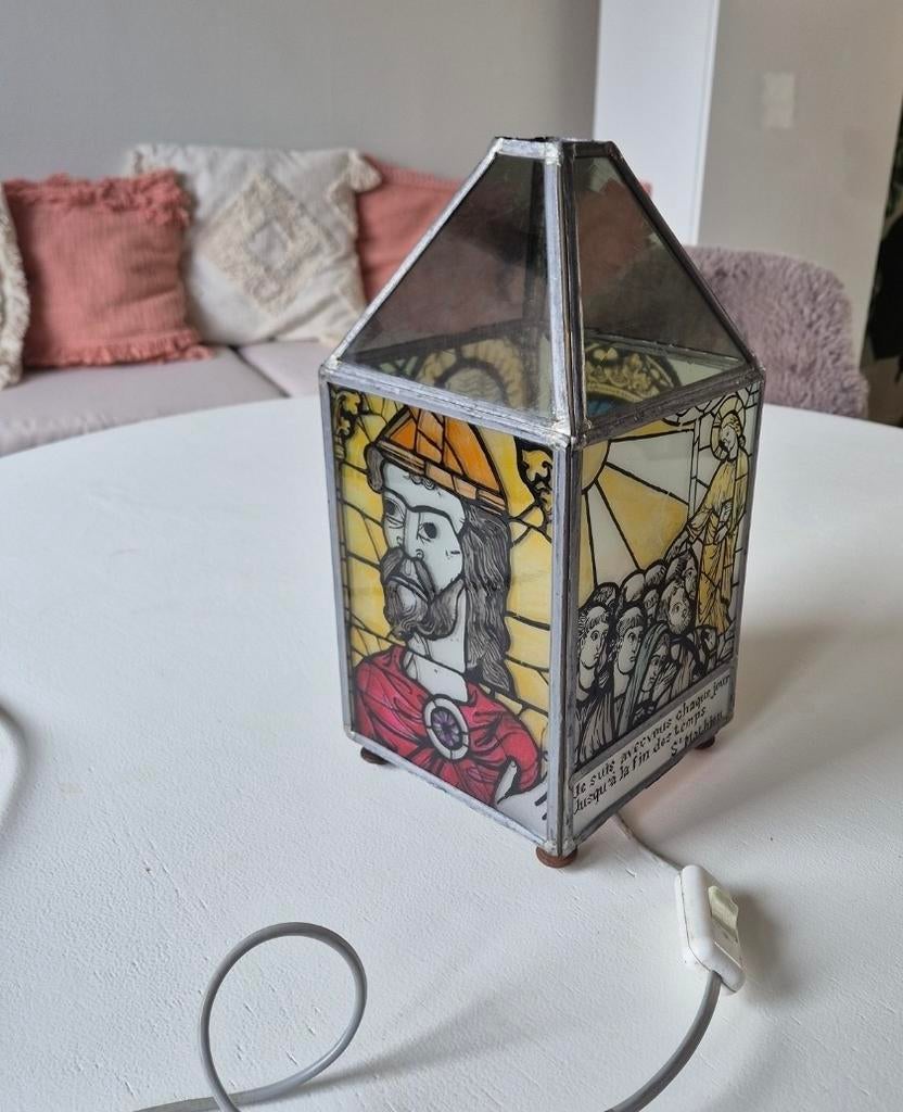 Franse Glas in lood lamp met bijbeltekst, Antiek en Kunst, Ophalen