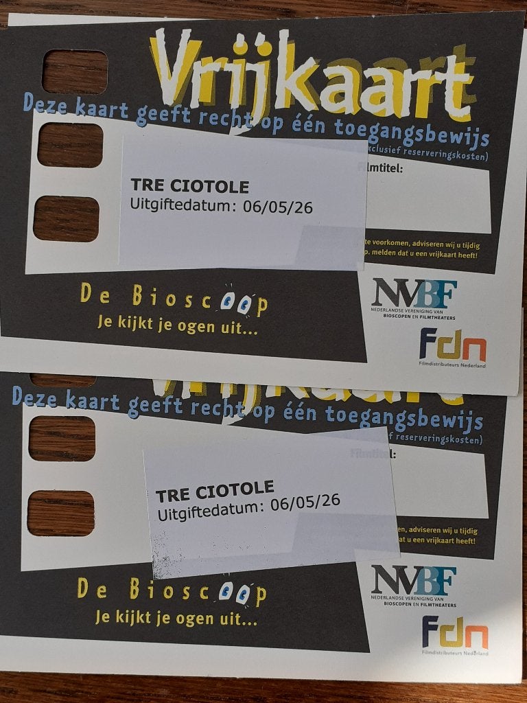 2x filmkaarten Tre Ciotole, Tickets en Kaartjes, Filmkaartjes, Twee personen, Vrijkaartje specifieke film