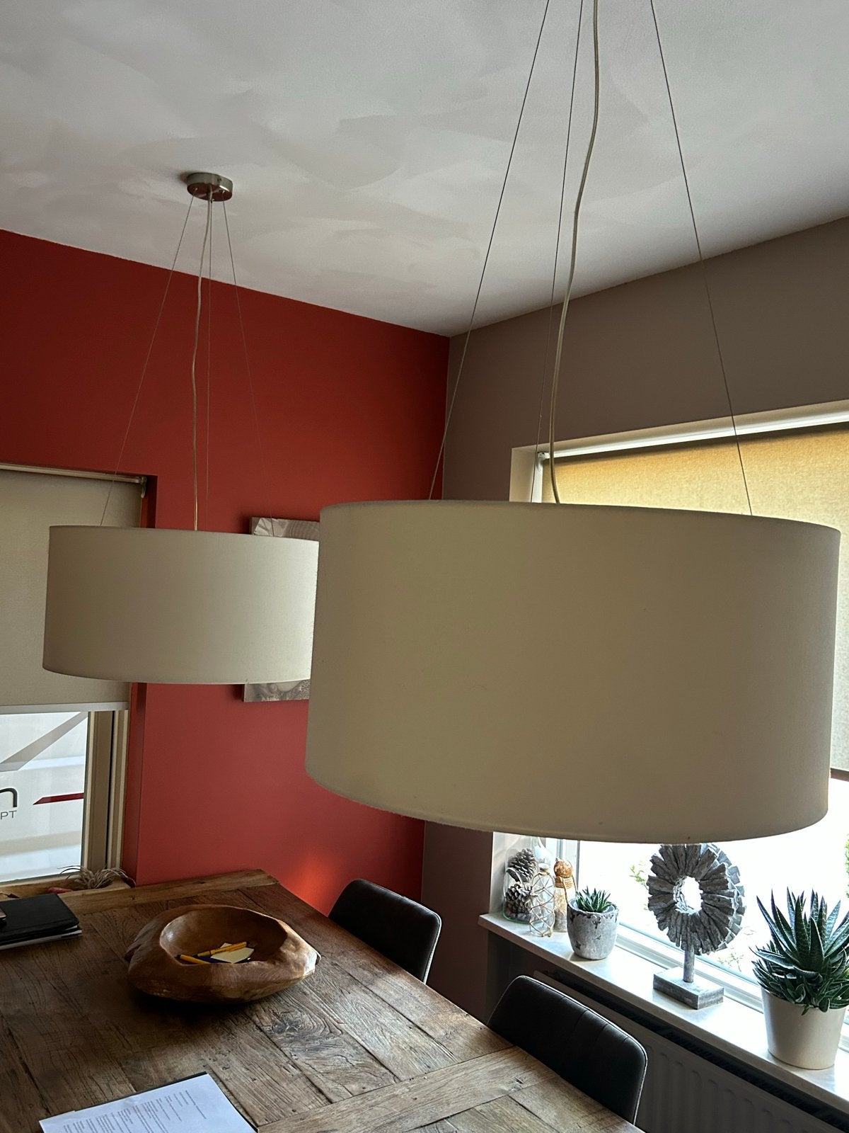 Set van 2 moderne hanglampen met stoffen kap, Ophalen, Gebruikt, Textiel, E27 (groot)