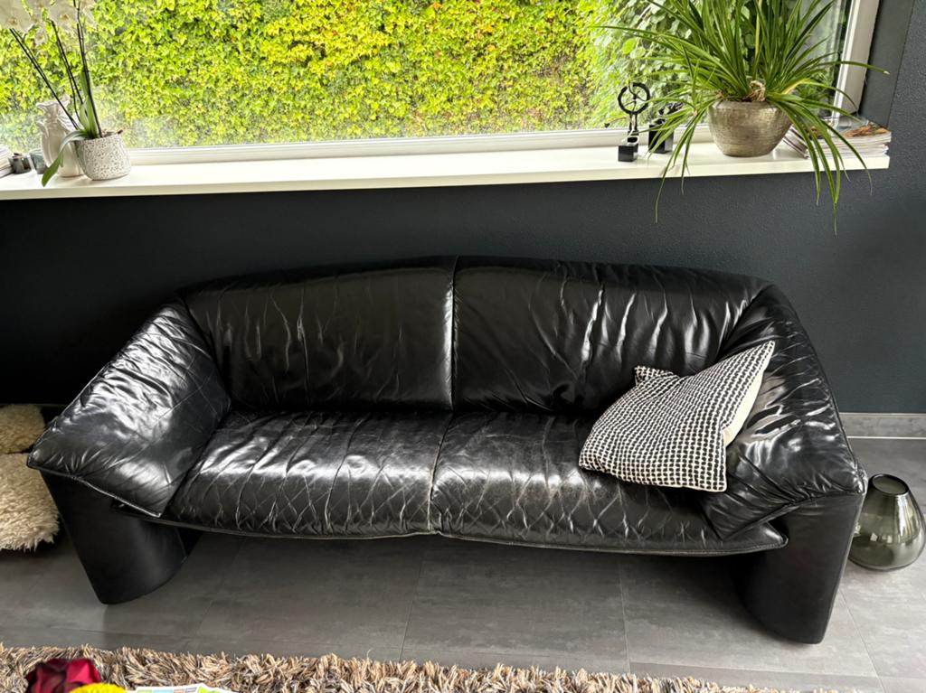 Leolux Mellow Mink 2- en 3-zits bankstel zwart leer, Ophalen, Gebruikt, Rechte bank, 200 tot 250 cm