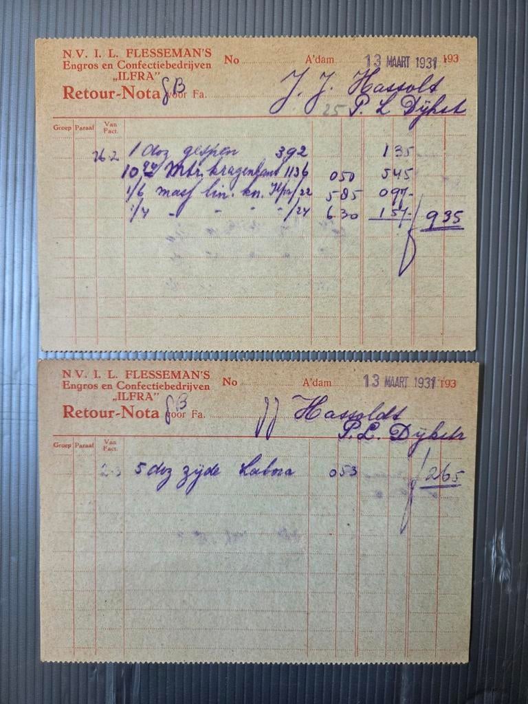 2x oude retour-nota 1931 Amsterdam – confectiebedrijf ILFRA, Ophalen of Verzenden, Gelezen