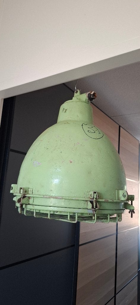 Grote Vintage Industriële Fabriekslamp Mintgroen 52cm, Ophalen of Verzenden