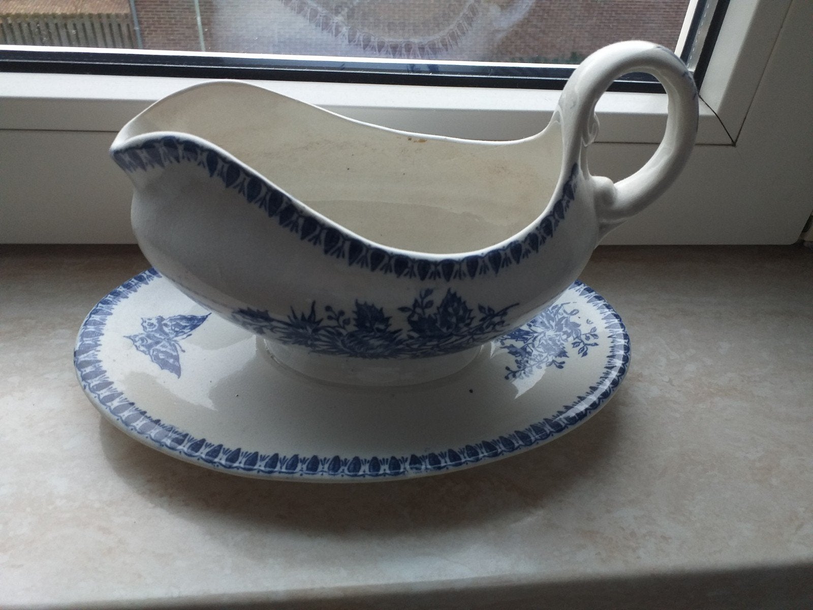 Antieke Porseleinen Sauskom met Schotel, Blauw Decor, Ophalen