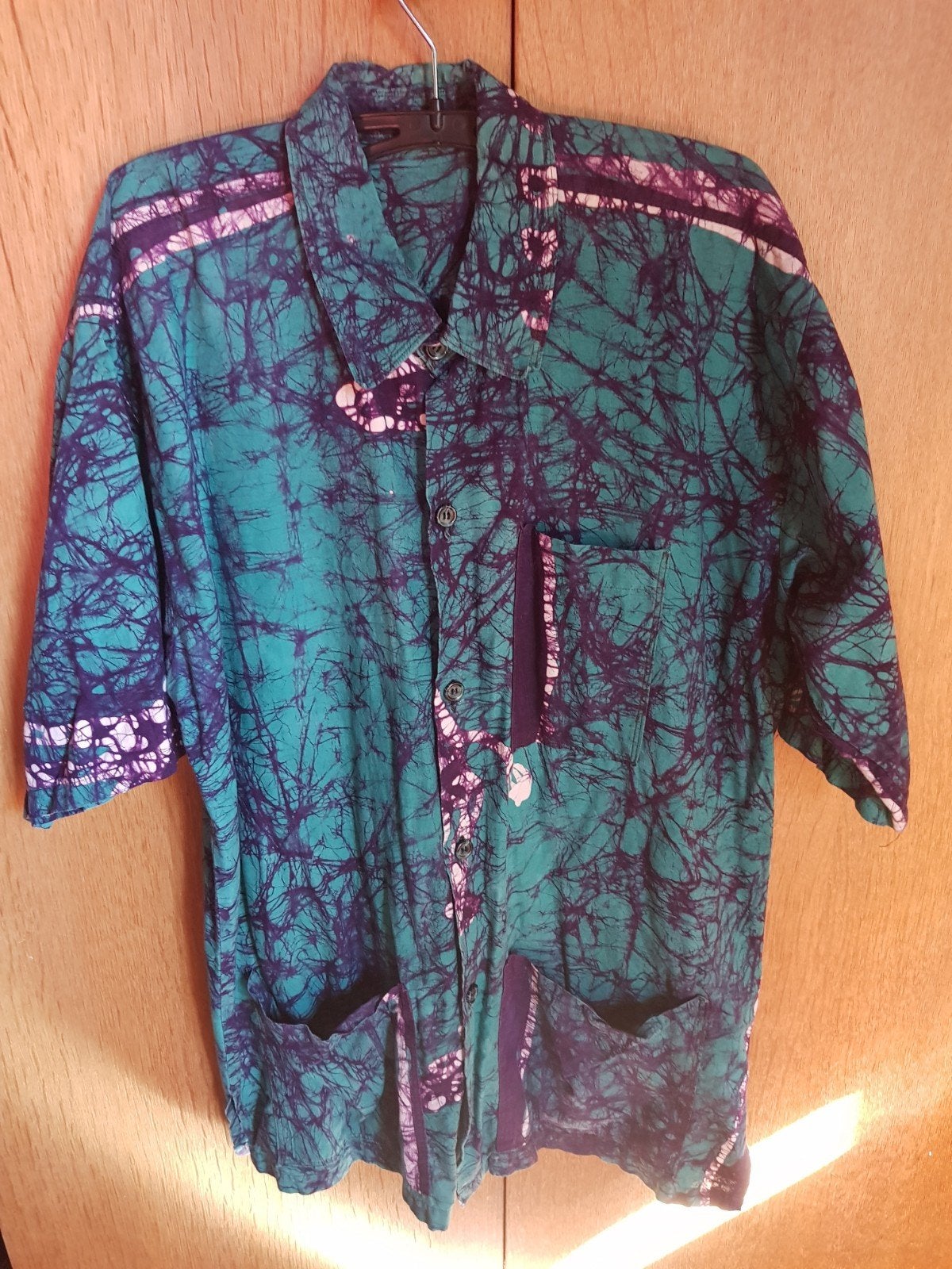 Uniek Vintage Batik Herenoverhemd met Giraffe (Maat L), Ophalen of Verzenden, Zo goed als nieuw, Groen, Halswijdte 41/42 (L)