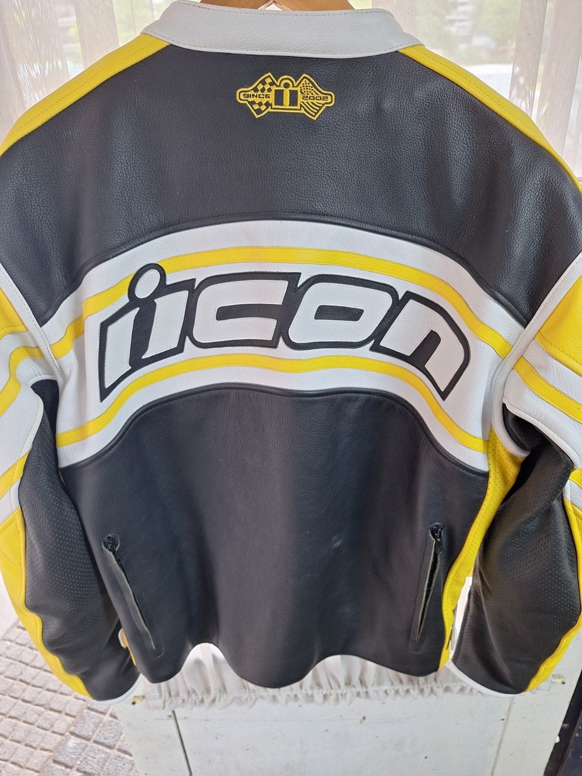 Icon Daytona Leren Motorjas zgan - Zwart/Geel/Wit, Motoren, Kleding | Motorkleding, Heren, Jas | leer, Ophalen of Verzenden, Icon
