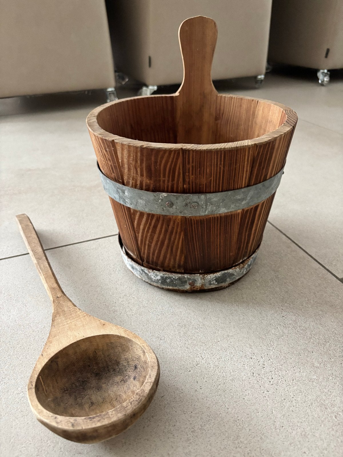 Houten sauna emmer met lepel, Antiek en Kunst, Ophalen of Verzenden
