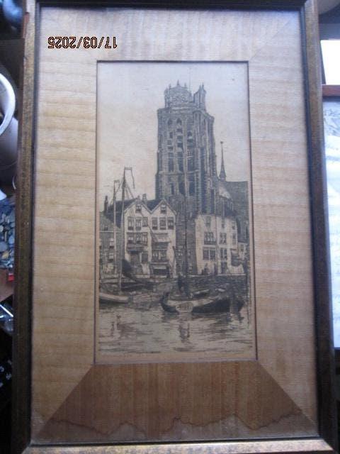 DORDRECHT, Grotekerk, Ets in Immitatie houten passepartout, Antiek en Kunst, Kunst | Etsen en Gravures, Ophalen of Verzenden, Architectuur