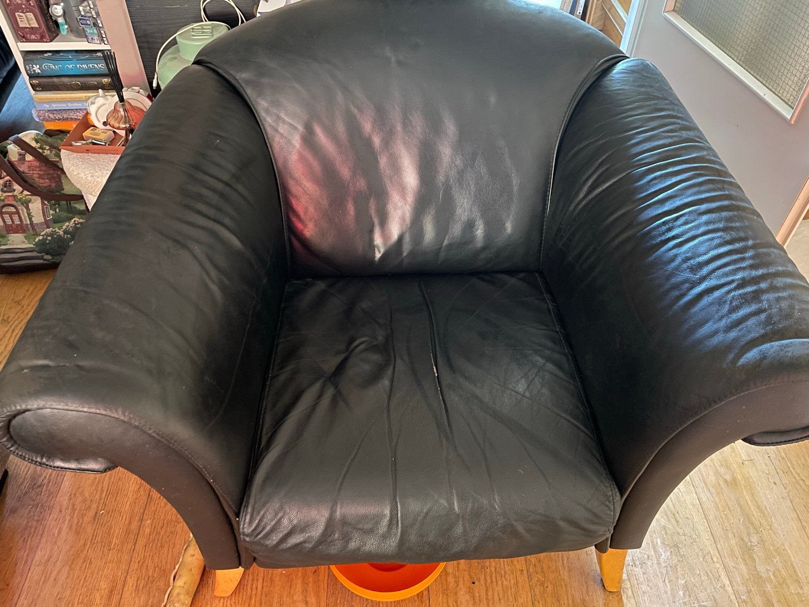 2x Zwarte Leren Fauteuils, Ophalen, Gebruikt, Leer, 75 tot 100 cm