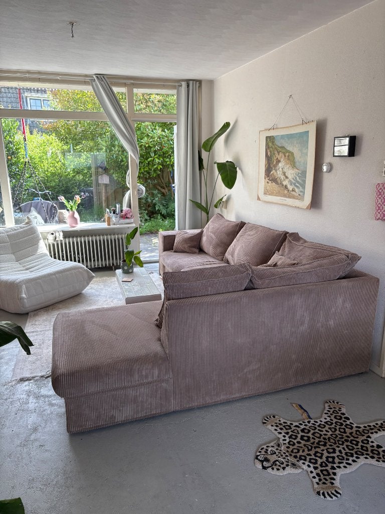 Hoekbank groot rib fluweel taupe bruin, Ophalen, 250 tot 300 cm, Gebruikt, Hoekbank
