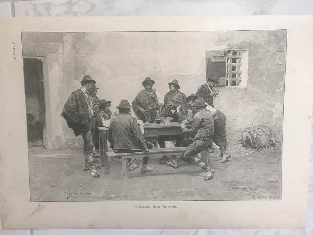 G. Simoni: Beim Kartenspiel, or.gravure, 1904, 32x21cm. Mooi, Antiek en Kunst, Kunst | Etsen en Gravures, Ophalen of Verzenden