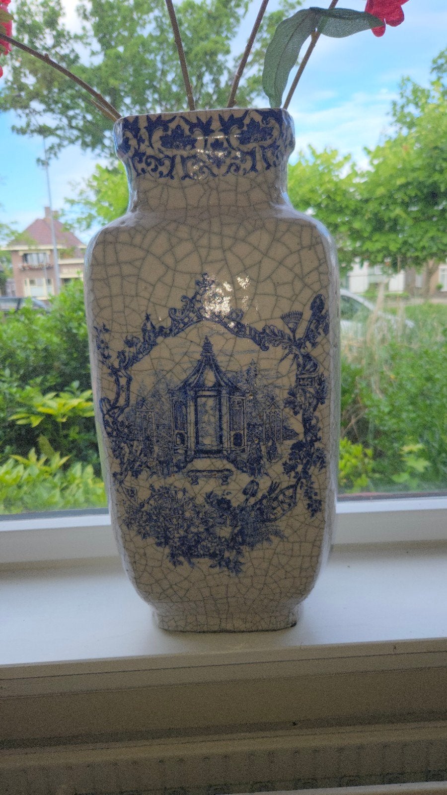 Set van 2 Antieke Craquelé Vazen met Blauw Decor, Ophalen of Verzenden