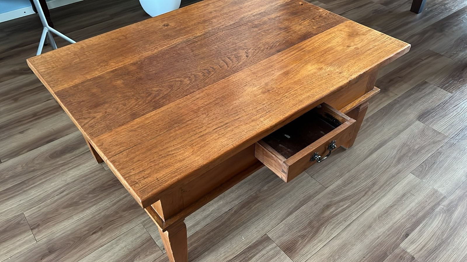 Teakhouten salontafel met lade - 110x80x52 cm, Huis en Inrichting, Ophalen, 50 – 75, Gebruikt, 100 tot 150 cm