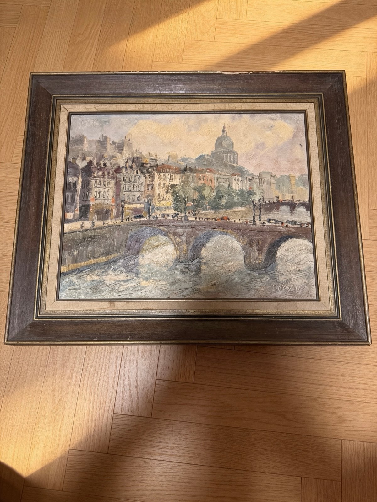 Schilderij van T. Novelli - Stadsgezicht met brug, Doek, Impressionistisch, Ophalen of Verzenden, Gesigneerd
