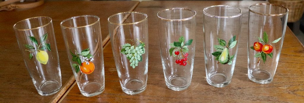 6 vintage glazen met fruitopdruk, West Virginia Glass Co., Verzamelen, Ophalen of Verzenden, Zo goed als nieuw, Frisdrankglas