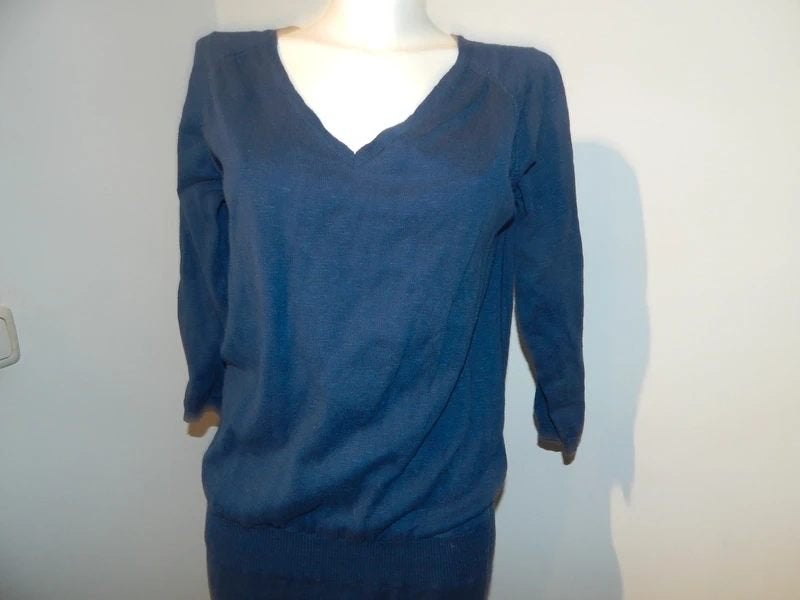 Humanoid blauwe jurk elastisch taille v hals mt L, Humanoid, Maat 42/44 (L), Gedragen, Onder de knie