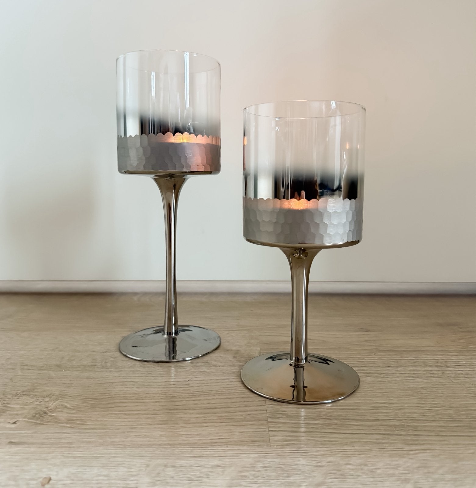 THEELICHTHOUDERS OP STAANDER Set van 2 Glas & Zilver, Ophalen, Zo goed als nieuw, Zilver, Glas