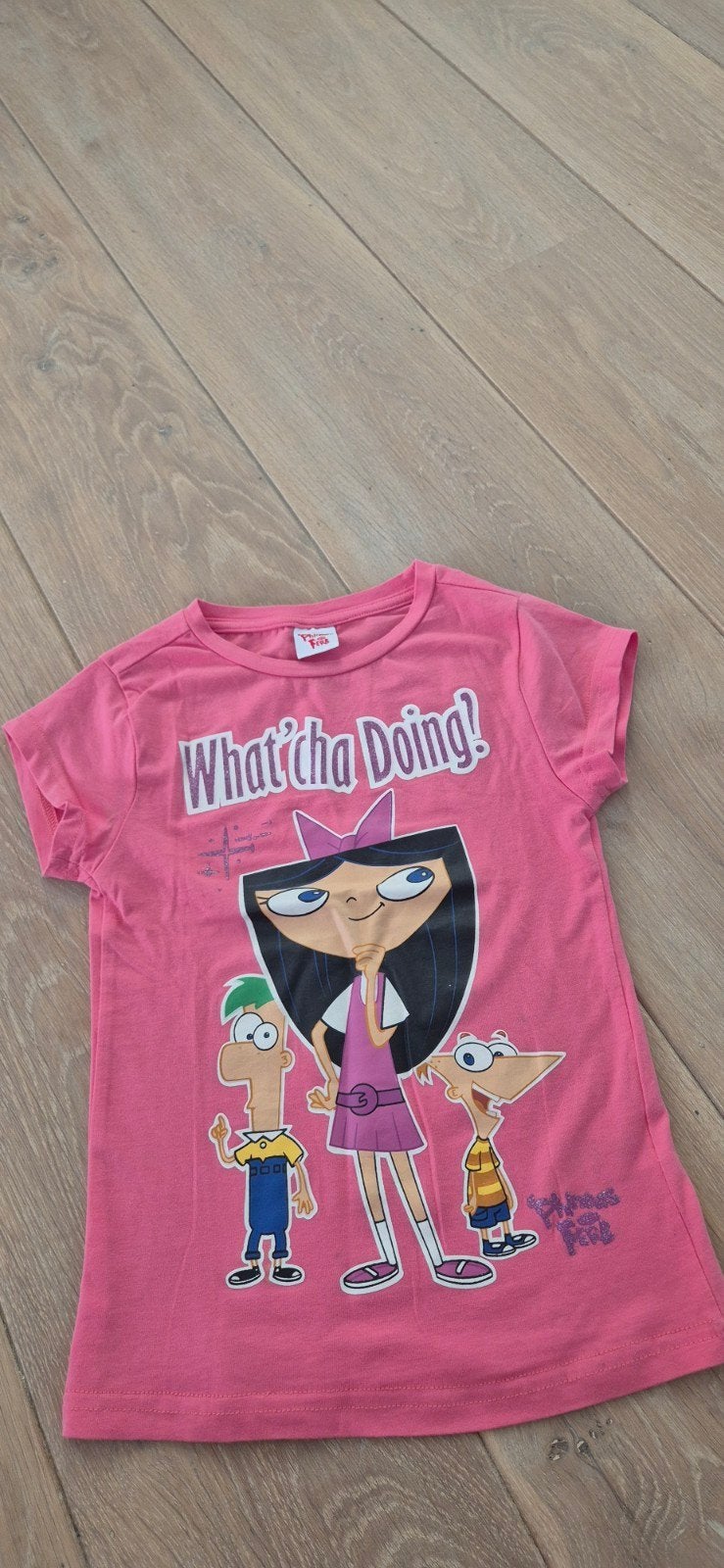 Phineas en Ferb T-shirt maat 122/128, Gebruikt, Meisje, Ophalen of Verzenden, Shirt of Longsleeve