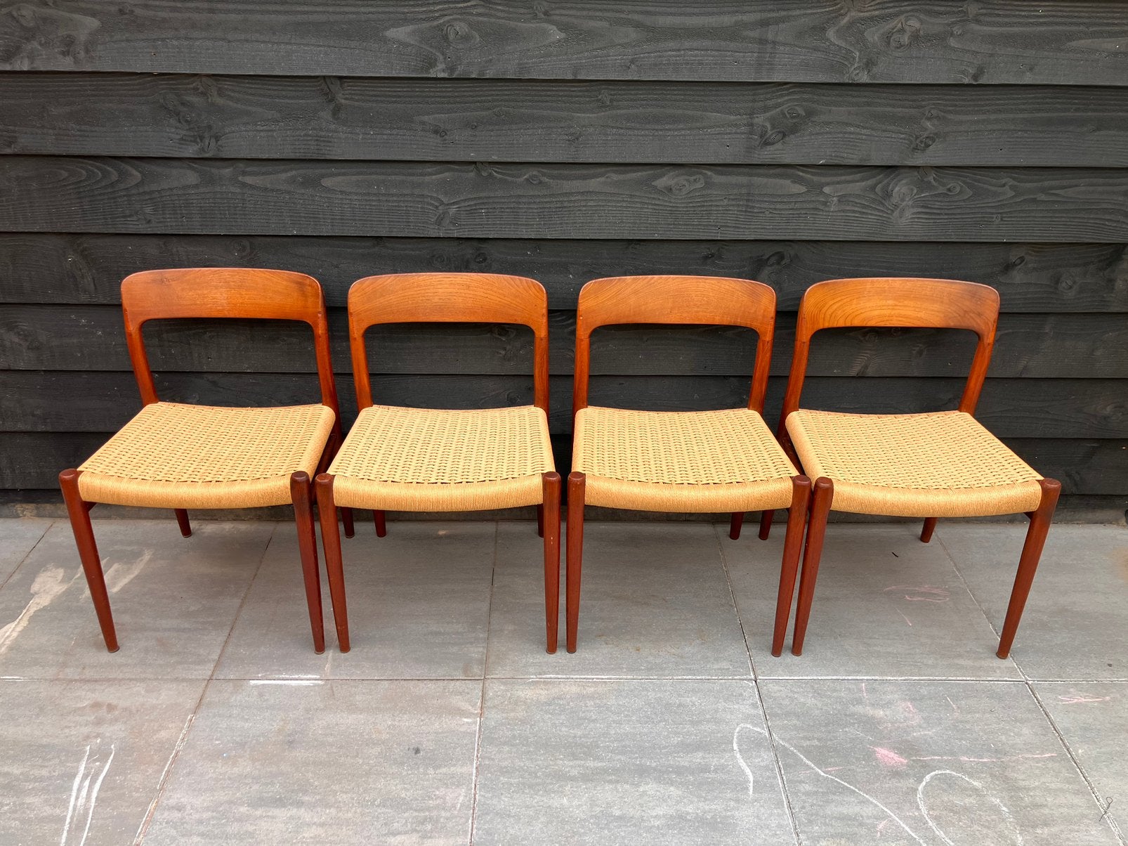 4x Originele Niels O. Møller Model 75 eetkamerstoelen teak, Ophalen, Bruin, Vier