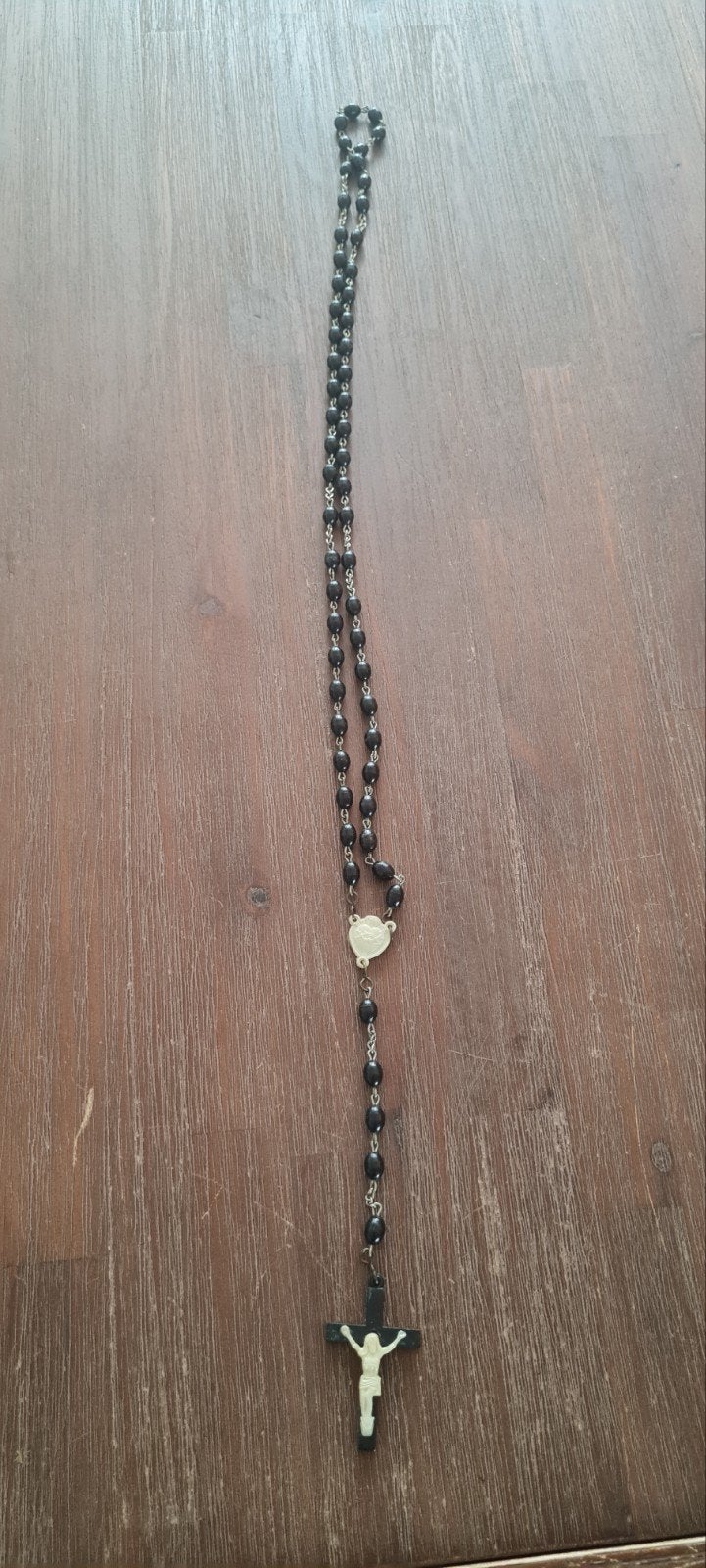 Vintage Rozenkrans Zwart met Wit Kruisje en Medaillon, Ophalen of Verzenden