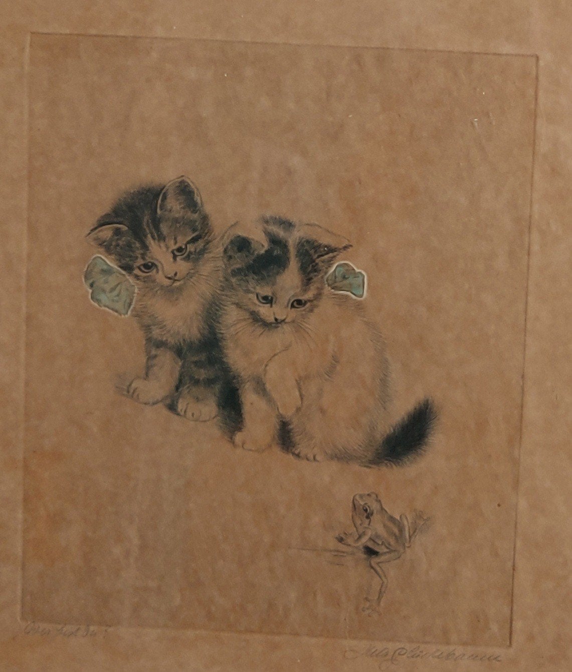 Meta Plückebaum ets in lijst poes poesjes met kikker, Ingelijst, Ophalen of Verzenden, 32 cm, Flora en Fauna