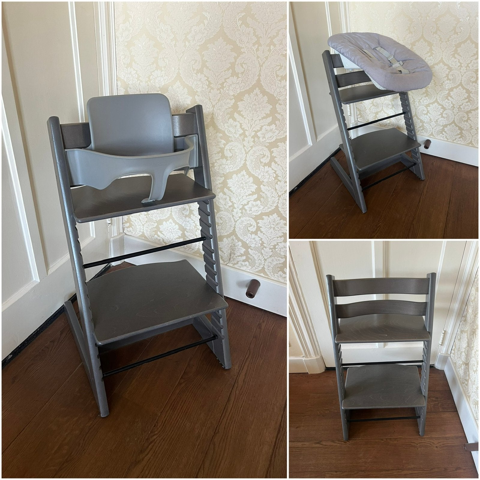 2x Stokke Tripp Trapp Hazy Grey + babyset + newbornset, Kinderen en Baby's, Kinderstoelen, Ophalen of Verzenden, Zo goed als nieuw