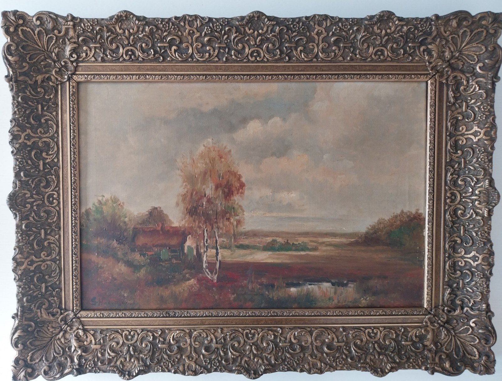 Schilderij: Landschap met huis en berkenboom -  G. Hageman, Ophalen