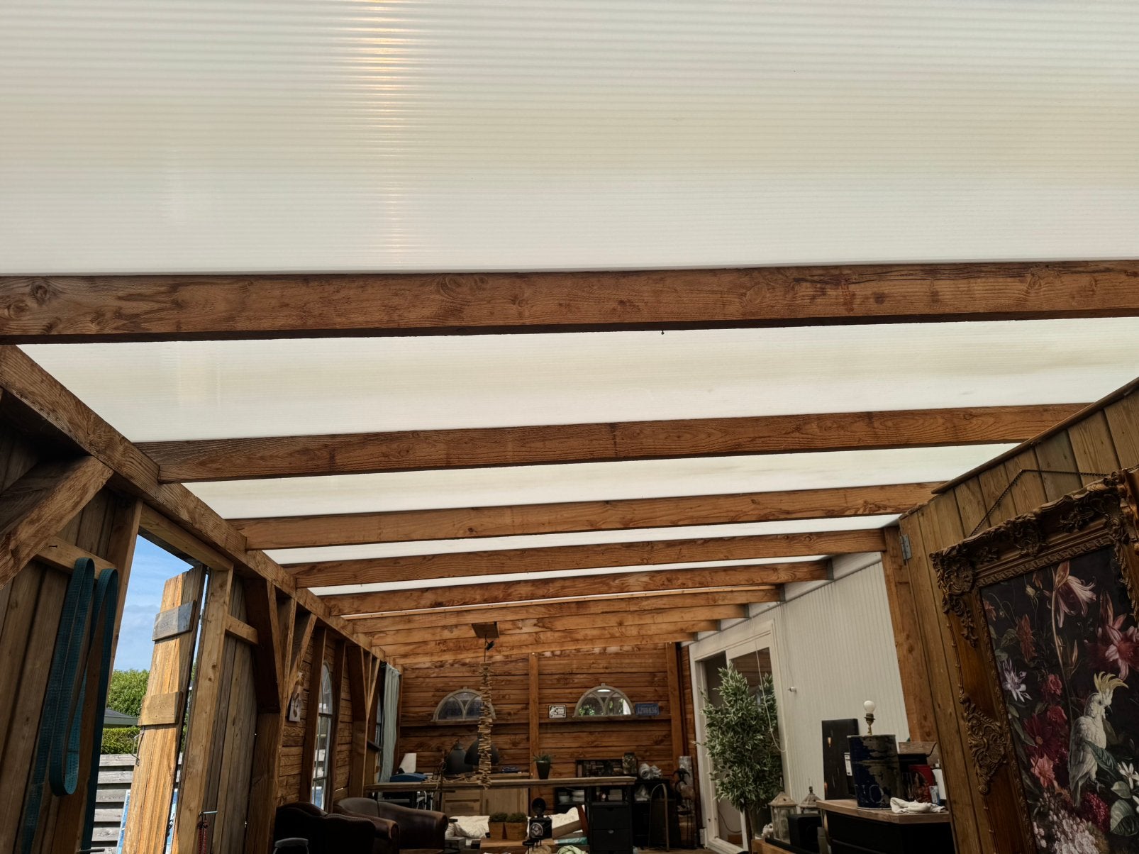 Polycarbonaat platen en  dwarsbalken en dakgoot., Tuin en Terras, Overkappingen, Ophalen, Zo goed als nieuw, Veranda