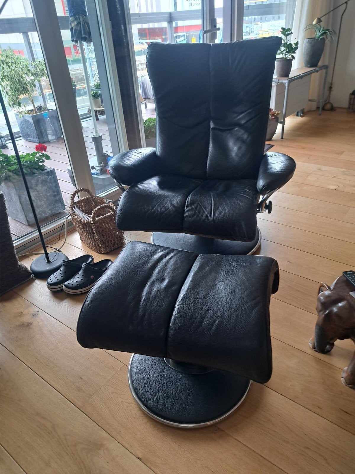 Stressless relax fauteuil met hocker, relaxstoel met hocker, Ophalen, Gebruikt, Leer, 50 tot 75 cm