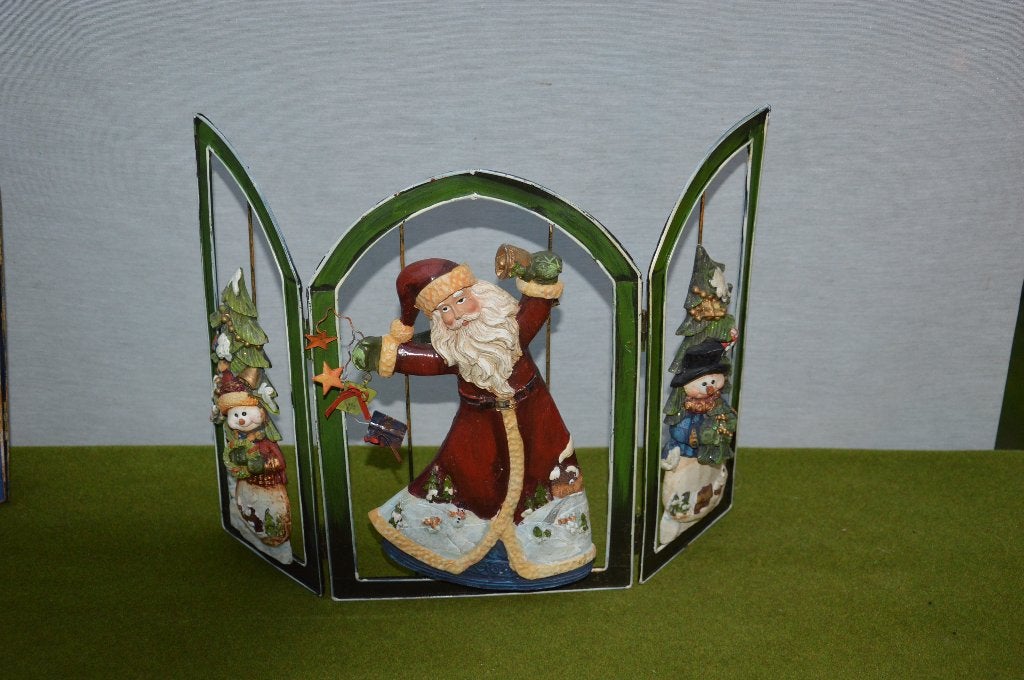 Vintage kerst drieluik metalen frame met sneeuwpop/ kerstman, Ophalen of Verzenden, Gebruikt