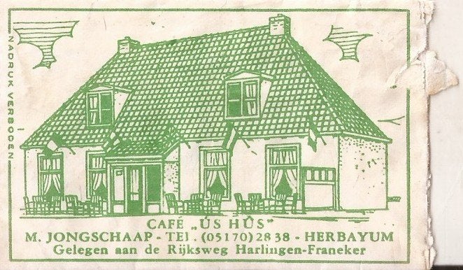 Herbayum Café " Ús Hûs " suikerzakje 50/60er jaren, Verzamelen, Suikerzakjes, Ophalen of Verzenden, Buitenland