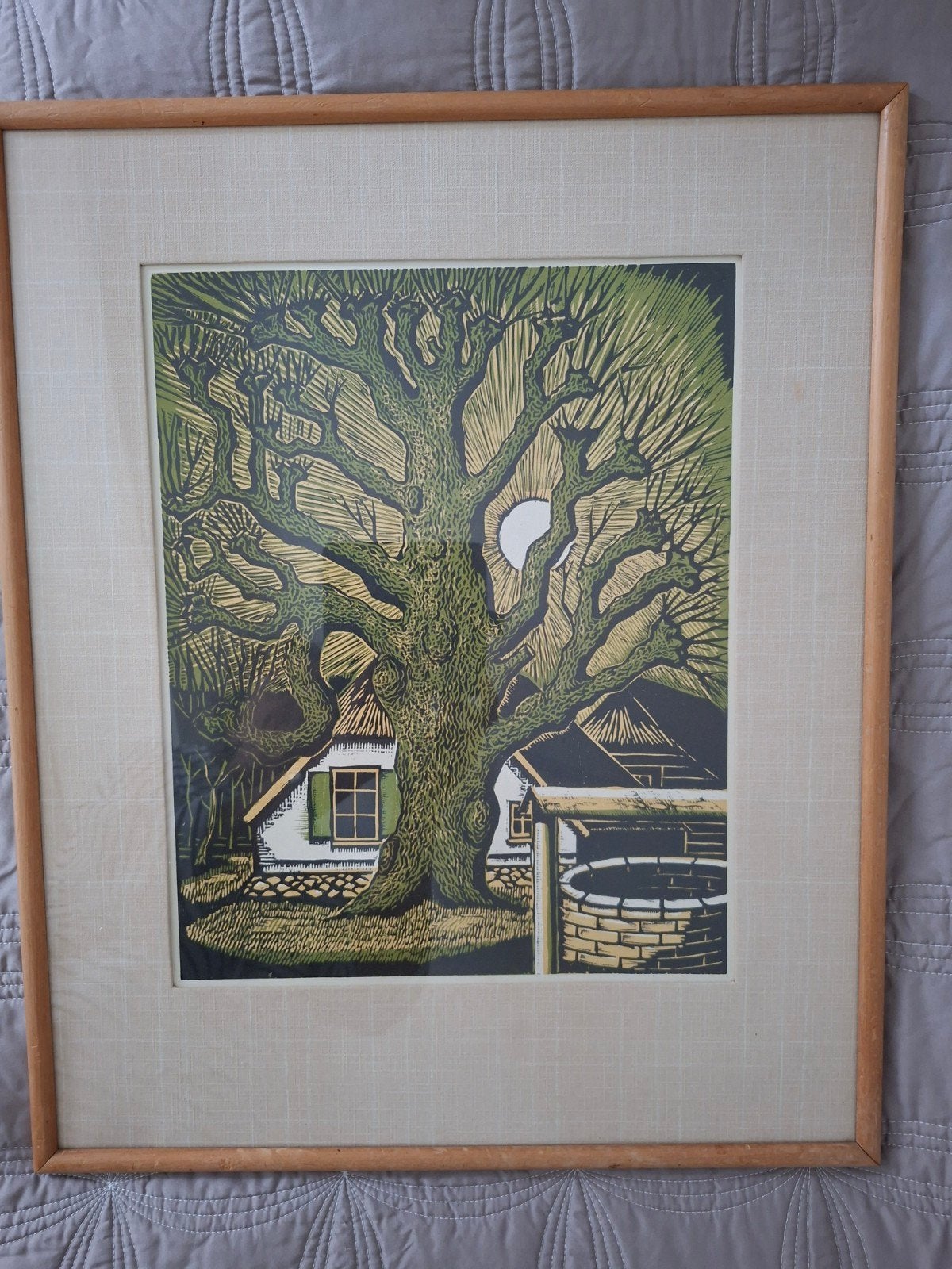 Schilderij/ets boerderij met boom en waterput, Ophalen