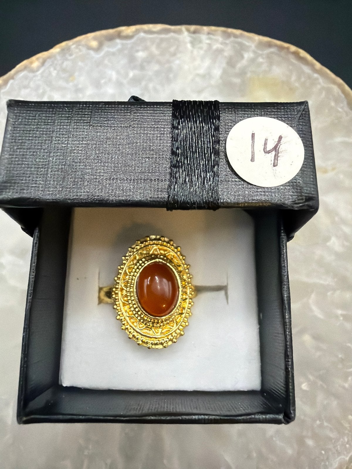 Vergulde Messing Ring met Amber Steen, Overige materialen, Gebruikt, Ophalen of Verzenden, X