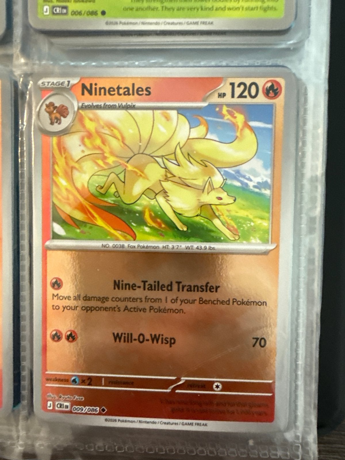 Pokémon Kaart Ninetales 009/086 - Cri, Ophalen of Verzenden, Zo goed als nieuw, Losse kaart