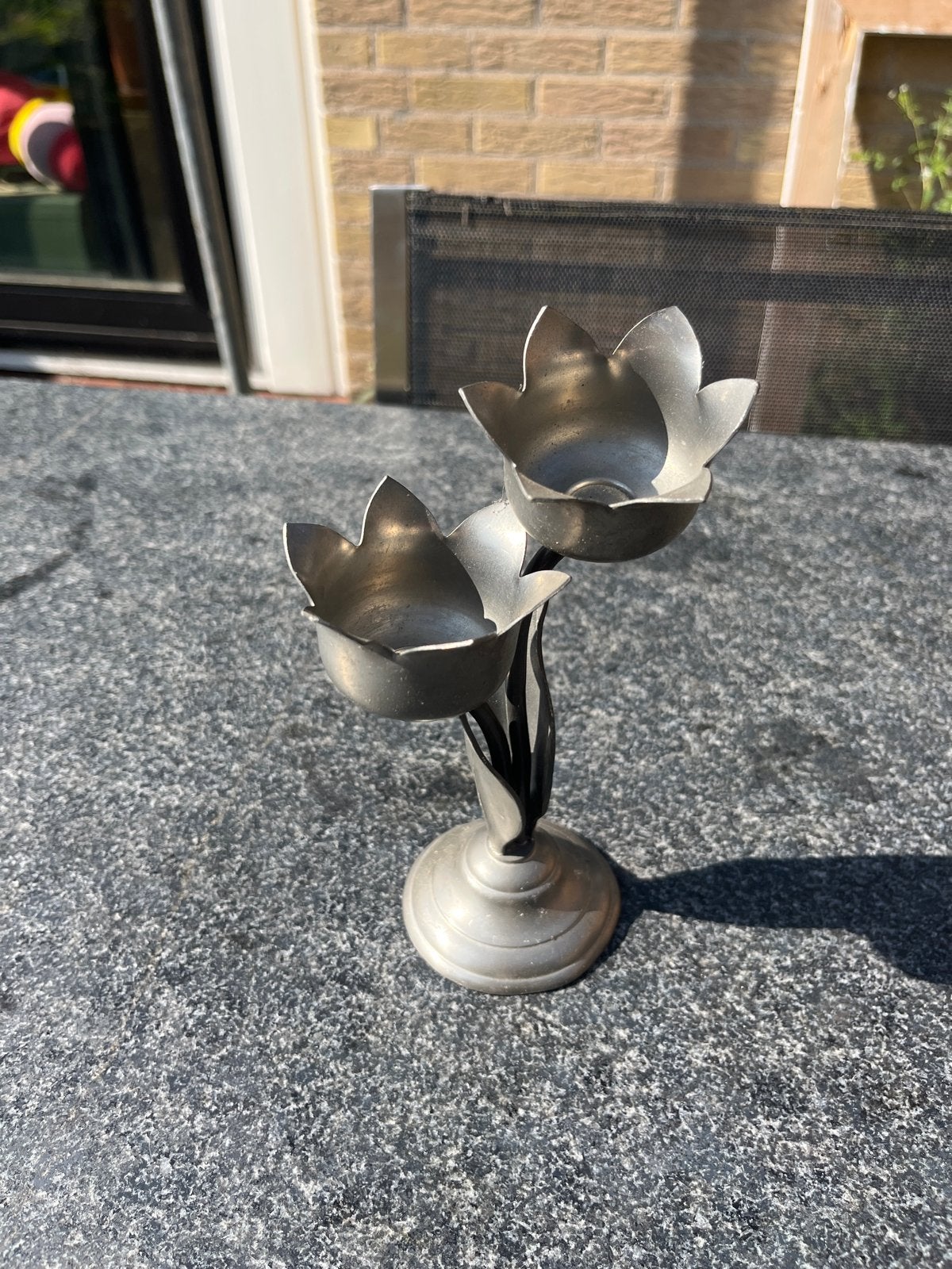 Vintage Tinnen Dubbele Kandelaar / Bloemenhouder, Ophalen of Verzenden, Overige materialen