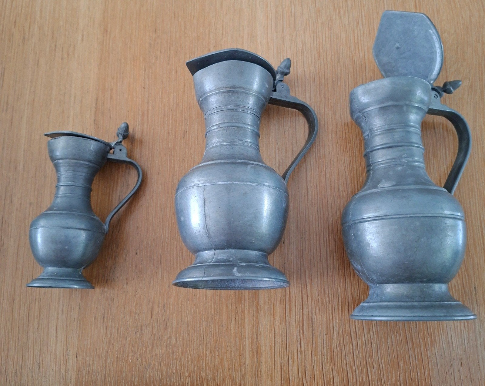Set van 3 antieke tinnen kannen met deksel, Ophalen of Verzenden