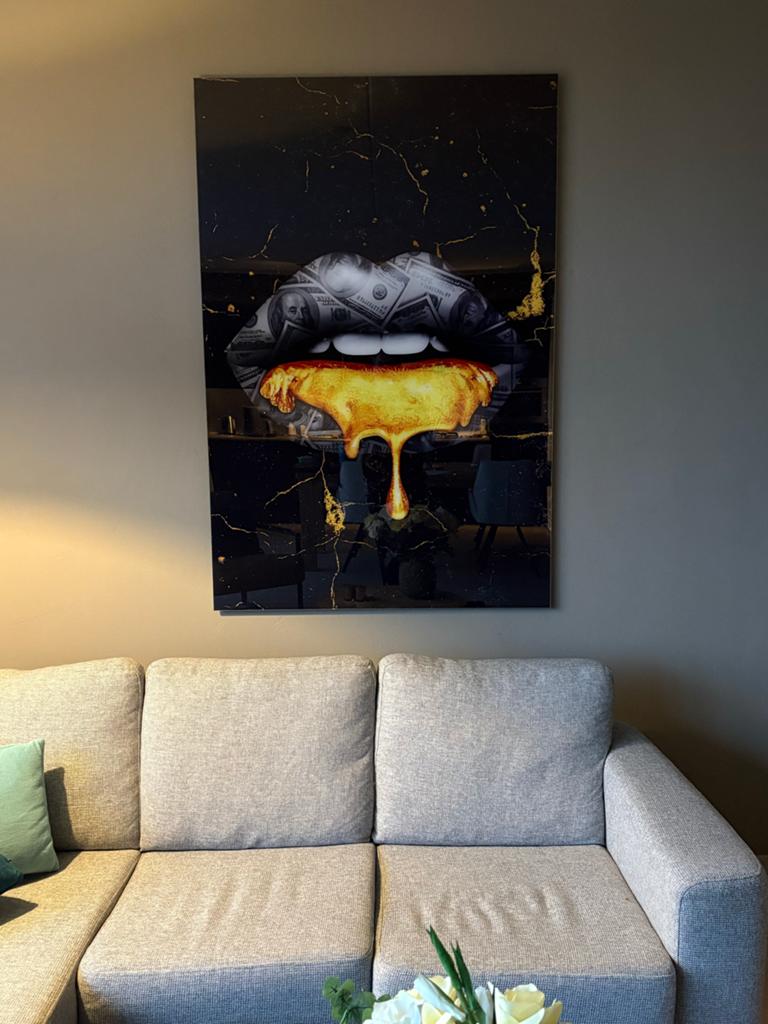 Plexiglas schilderij Lippen met Geld en Goud, Ophalen