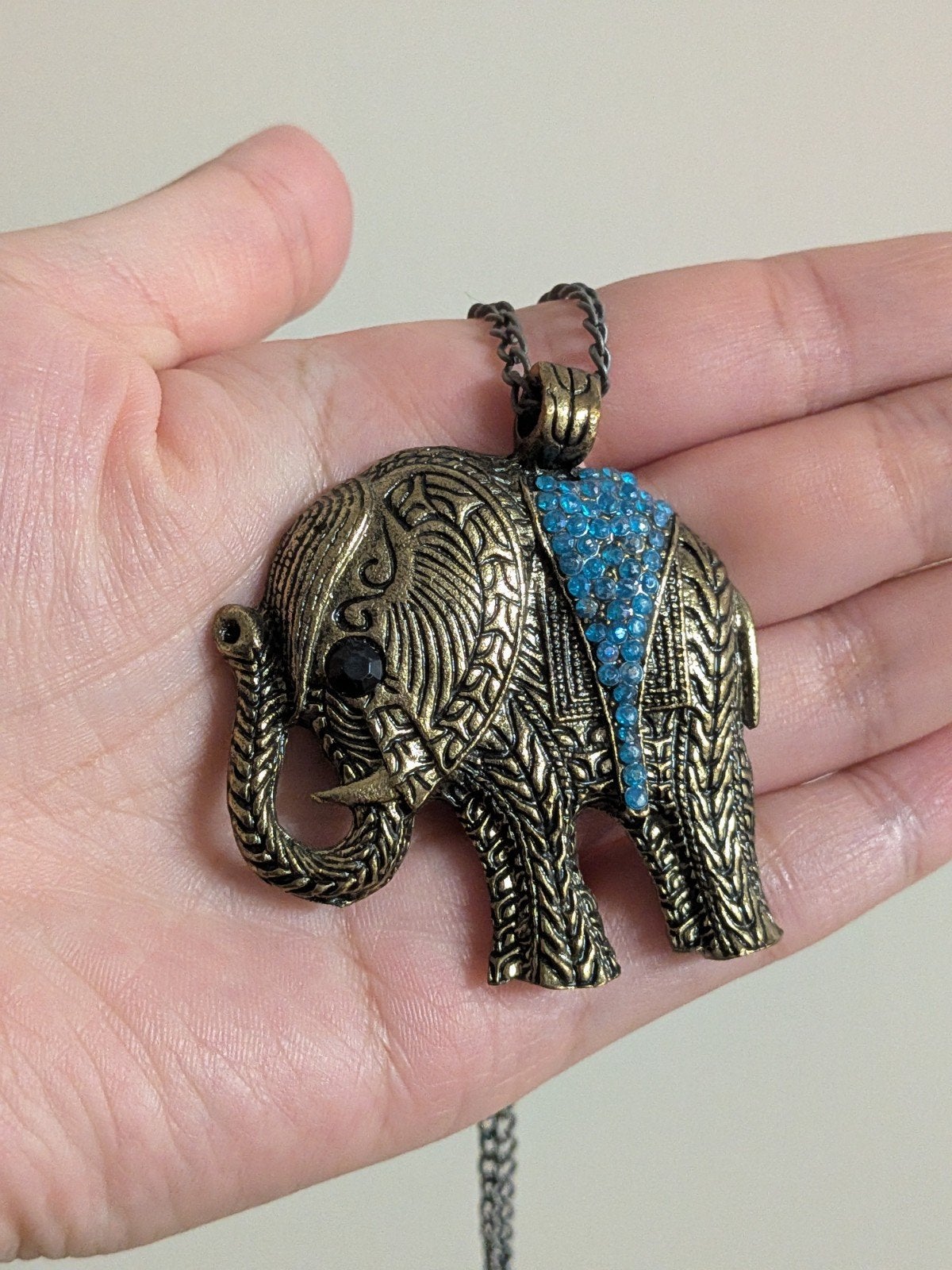 Vintage Olifant Hanger Ketting met Blauwe Strass, Overige materialen, Gebruikt, Overige kleuren, Met hanger