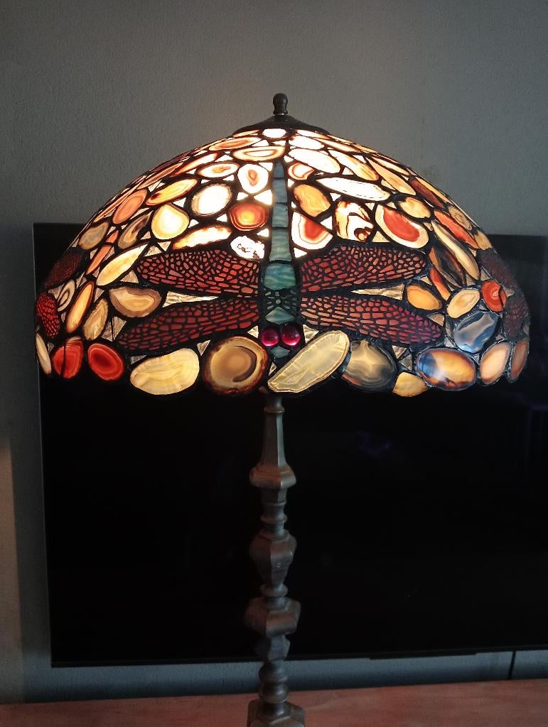 Tiffany libelle Dragonfly staande lamp 100x50 bronzen voet, Ophalen, 75 cm of meer