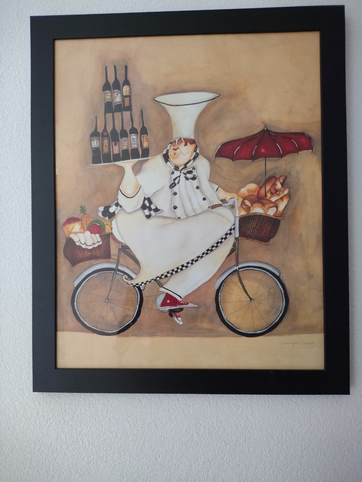 Schilderij: Chef-kok op fiets met wijn en brood, Ophalen